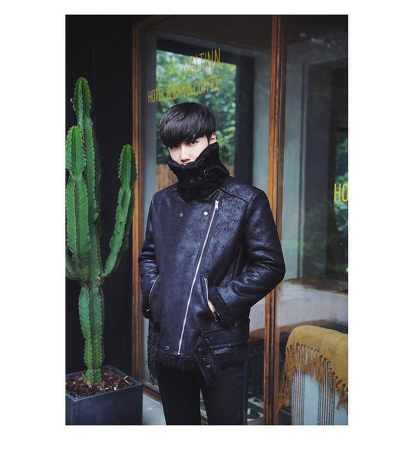 Planet Gates all black / M Thick Warm Oblique Zipper Unique Designer Mens Suede Jackets Coat With Fur Lining Winter
