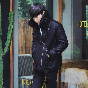 Planet Gates all black / M Thick Warm Oblique Zipper Unique Designer Mens Suede Jackets Coat With Fur Lining Winter