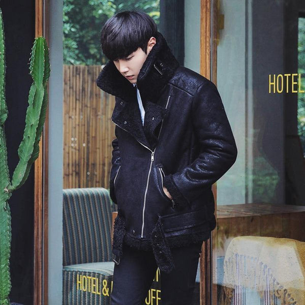 Planet Gates all black / M Thick Warm Oblique Zipper Unique Designer Mens Suede Jackets Coat With Fur Lining Winter