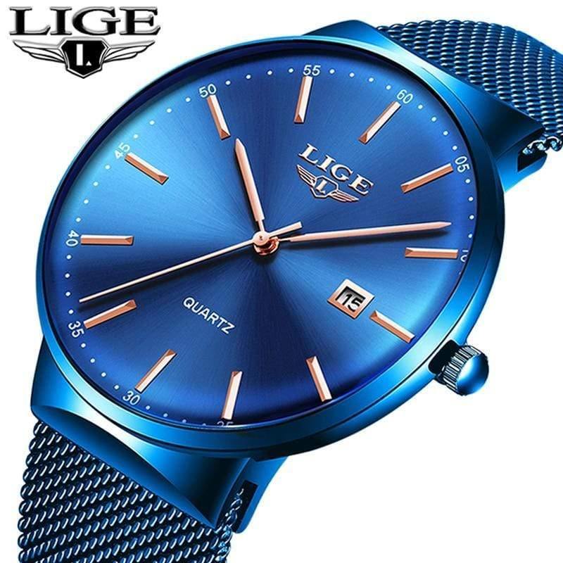 Planet Gates All black Mens Watches Top Brand Luxury Fashion Watch Slim Mesh Date Waterproof Quartz Watch For Men Blue Clock