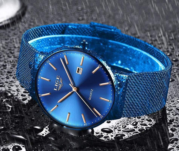 Planet Gates All black Mens Watches Top Brand Luxury Fashion Watch Slim Mesh Date Waterproof Quartz Watch For Men Blue Clock