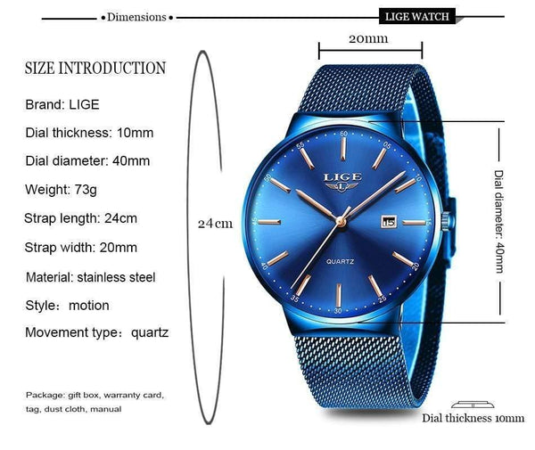 Planet Gates All black Mens Watches Top Brand Luxury Fashion Watch Slim Mesh Date Waterproof Quartz Watch For Men Blue Clock