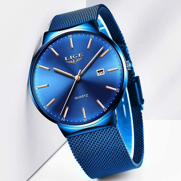 Planet Gates All black Mens Watches Top Brand Luxury Fashion Watch Slim Mesh Date Waterproof Quartz Watch For Men Blue Clock