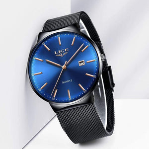 Planet Gates All black Mens Watches Top Brand Luxury Fashion Watch Slim Mesh Date Waterproof Quartz Watch For Men Blue Clock
