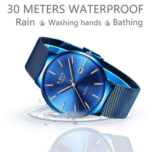 Planet Gates All black Mens Watches Top Brand Luxury Fashion Watch Slim Mesh Date Waterproof Quartz Watch For Men Blue Clock