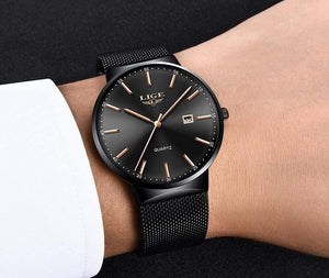 Planet Gates All black Mens Watches Top Brand Luxury Fashion Watch Slim Mesh Date Waterproof Quartz Watch For Men Blue Clock