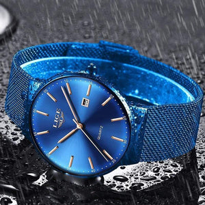Planet Gates All black Mens Watches Top Brand Luxury Fashion Watch Slim Mesh Date Waterproof Quartz Watch For Men Blue Clock