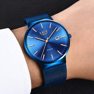Planet Gates All black Mens Watches Top Brand Luxury Fashion Watch Slim Mesh Date Waterproof Quartz Watch For Men Blue Clock