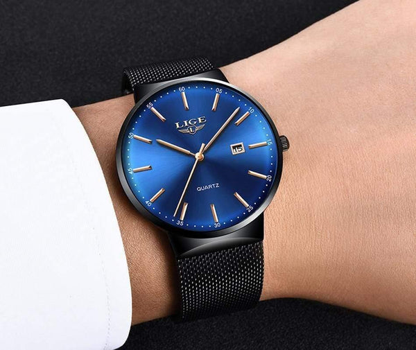 Planet Gates All black Mens Watches Top Brand Luxury Fashion Watch Slim Mesh Date Waterproof Quartz Watch For Men Blue Clock