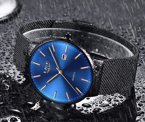 Planet Gates All black Mens Watches Top Brand Luxury Fashion Watch Slim Mesh Date Waterproof Quartz Watch For Men Blue Clock