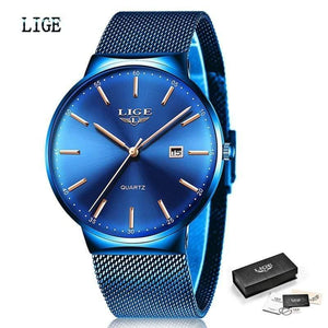 Planet Gates All black Mens Watches Top Brand Luxury Fashion Watch Slim Mesh Date Waterproof Quartz Watch For Men Blue Clock
