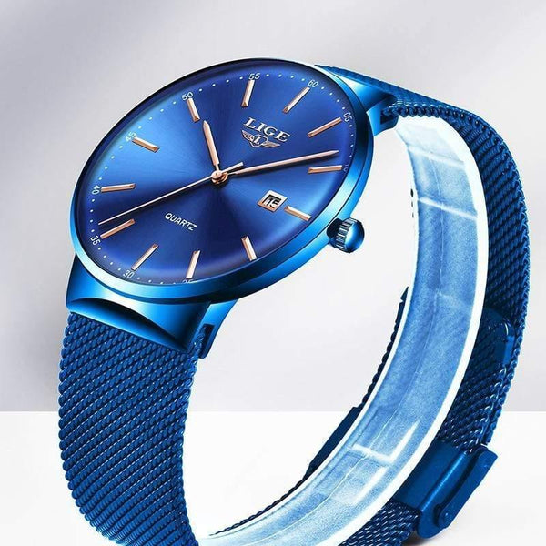 Planet Gates All black Mens Watches Top Brand Luxury Fashion Watch Slim Mesh Date Waterproof Quartz Watch For Men Blue Clock