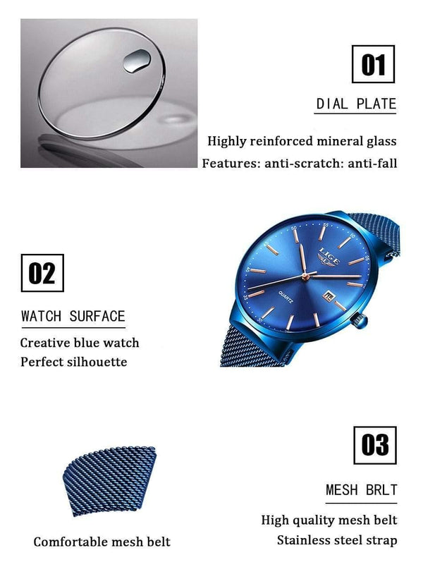 Planet Gates All black Mens Watches Top Brand Luxury Fashion Watch Slim Mesh Date Waterproof Quartz Watch For Men Blue Clock