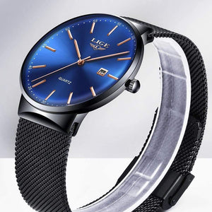 Planet Gates All black Mens Watches Top Brand Luxury Fashion Watch Slim Mesh Date Waterproof Quartz Watch For Men Blue Clock
