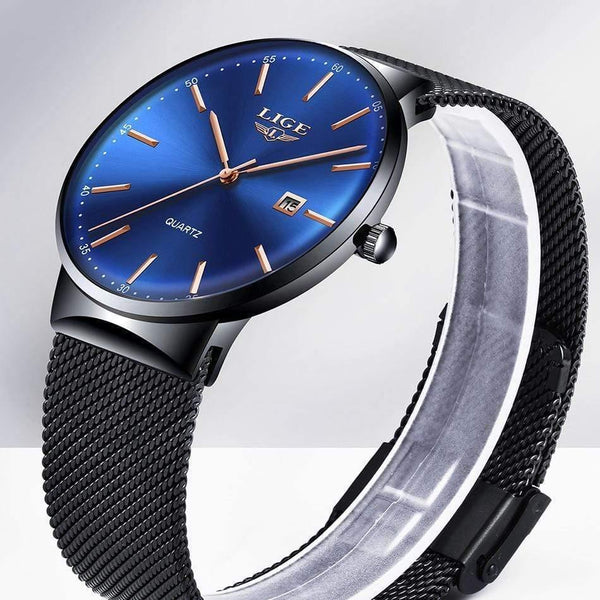 Planet Gates All black Mens Watches Top Brand Luxury Fashion Watch Slim Mesh Date Waterproof Quartz Watch For Men Blue Clock
