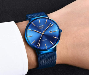 Planet Gates All black Mens Watches Top Brand Luxury Fashion Watch Slim Mesh Date Waterproof Quartz Watch For Men Blue Clock