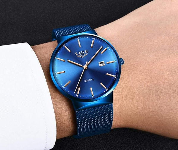 Planet Gates All black Mens Watches Top Brand Luxury Fashion Watch Slim Mesh Date Waterproof Quartz Watch For Men Blue Clock