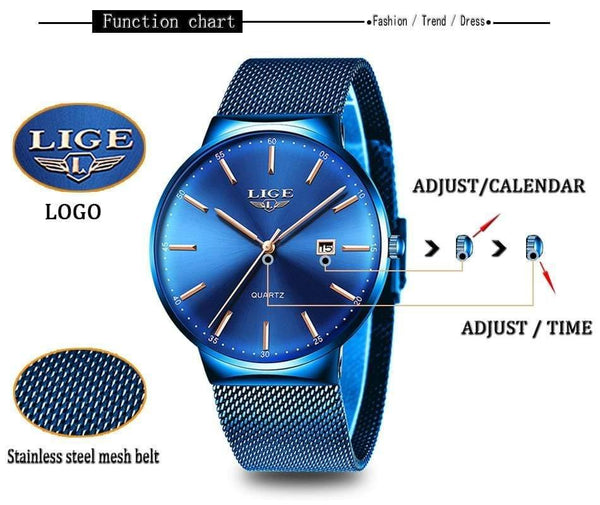 Planet Gates All black Mens Watches Top Brand Luxury Fashion Watch Slim Mesh Date Waterproof Quartz Watch For Men Blue Clock
