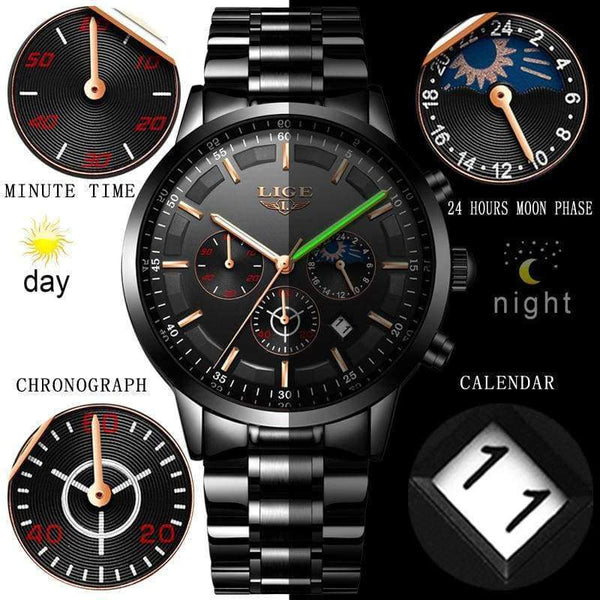 Planet Gates All Black Rose Relojes 2018 Watch Men LIGE Fashion Sport Quartz Clock Mens Watches Top Brand Luxury Business Waterproof Watch Relogio Masculino