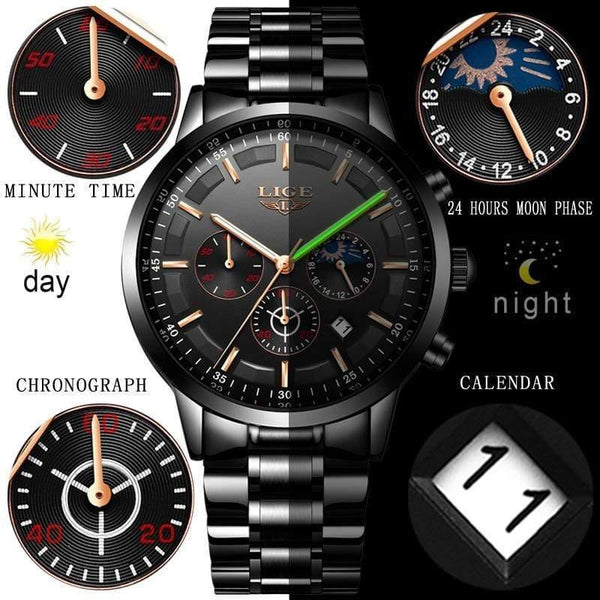 Planet Gates All Black Rose Watch Men LIGE Fashion Sport Quartz Clock Mens Watches Top Brand Luxury Business Waterproof Watch Relogio Masculino