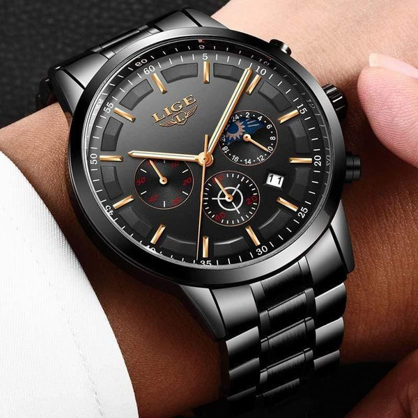 Planet Gates All Black Rose Watch Men LIGE Fashion Sport Quartz Clock Mens Watches Top Brand Luxury Business Waterproof Watch Relogio Masculino