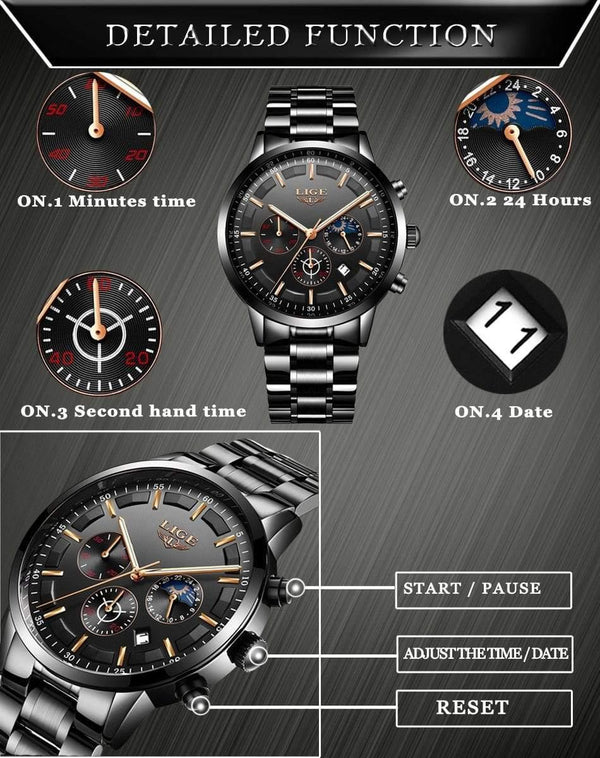 Planet Gates All Black Rose Watch Men LIGE Fashion Sport Quartz Clock Mens Watches Top Brand Luxury Business Waterproof Watch Relogio Masculino