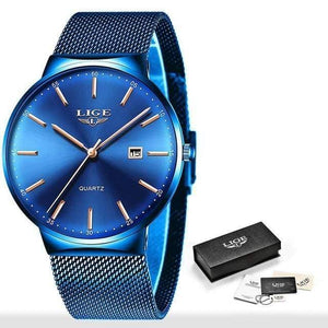 Planet Gates All blue Mens Watches Top Brand Luxury Fashion Watch Slim Mesh Date Waterproof Quartz Watch For Men Blue Clock