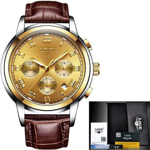 Planet Gates all gold leather Watches Men Luxury Brand LIGE Chronograph Men Sports Watches Waterproof Full Steel Quartz Men's Watch Relogio Masculino