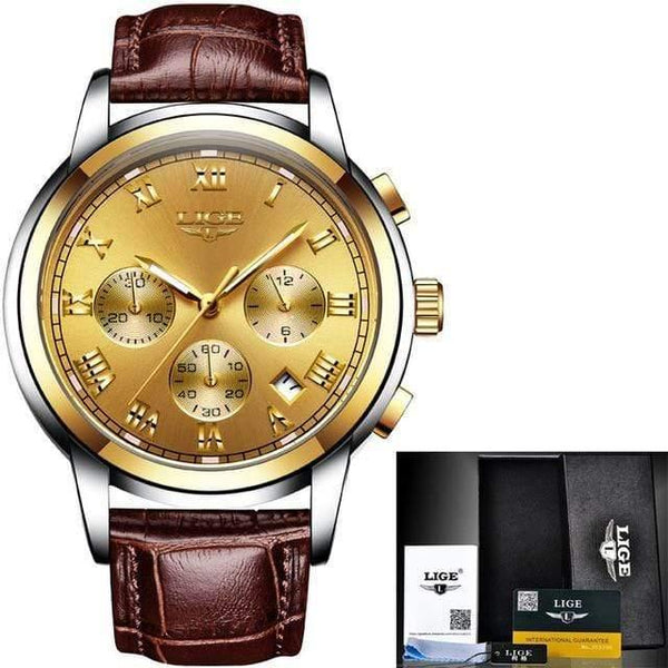 Planet Gates all gold leather Watches Men Luxury Brand LIGE Chronograph Men Sports Watches Waterproof Full Steel Quartz Men's Watch Relogio Masculino