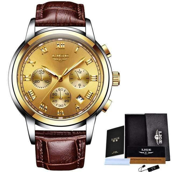 Planet Gates all gold leather Watches Men Sports Waterproof Date Analogue Quartz Men's Watches Chronograph Business Watches For Men Relogio Masculino+Box