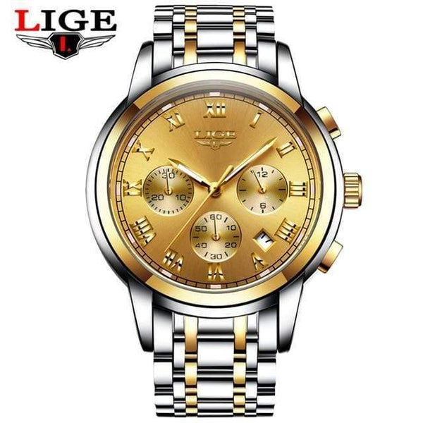 Planet Gates all gold steel Watches Men Luxury Brand LIGE Chronograph Men Sports Watches Waterproof Full Steel Quartz Men's Watch Relogio Masculino