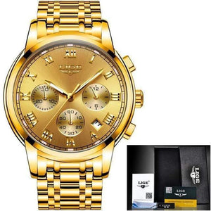 Planet Gates all yellow steel Watches Men Luxury Brand LIGE Chronograph Men Sports Watches Waterproof Full Steel Quartz Men's Watch Relogio Masculino