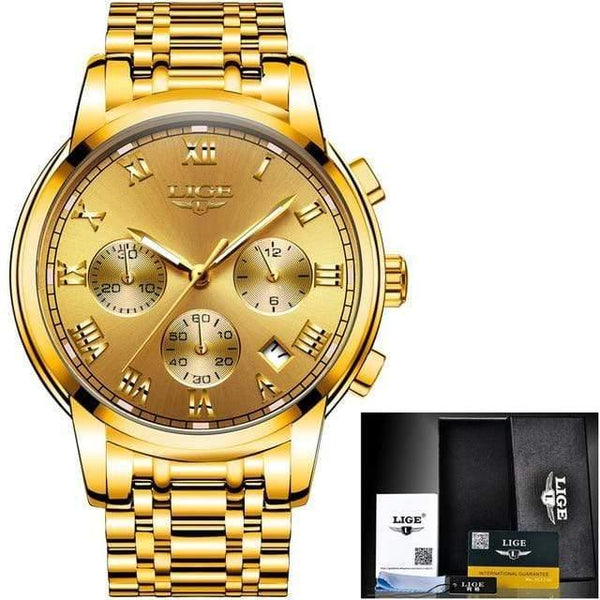 Planet Gates all yellow steel Watches Men Luxury Brand LIGE Chronograph Men Sports Watches Waterproof Full Steel Quartz Men's Watch Relogio Masculino