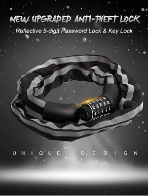 Planet Gates Alloy Chain Bike Lock 5-Digit Password Anti-Theft Bicycle Lock for Motorcycle Cycling Security Reflective Locks