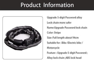Planet Gates Alloy Chain Bike Lock 5-Digit Password Anti-Theft Bicycle Lock for Motorcycle Cycling Security Reflective Locks