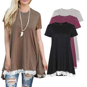 Planet Gates AM135 black / S Summer 2018 Casual Women T-shirt Short Sleeve O-neck Long Shirt Plus Size Women Clothing Hem Splice Lace Women Tops