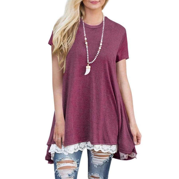 Planet Gates AM135 black / S Summer 2018 Casual Women T-shirt Short Sleeve O-neck Long Shirt Plus Size Women Clothing Hem Splice Lace Women Tops