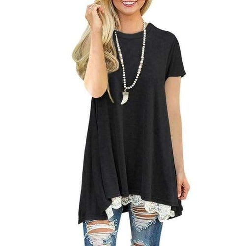 Planet Gates AM135 black / S Summer 2018 Casual Women T-shirt Short Sleeve O-neck Long Shirt Plus Size Women Clothing Hem Splice Lace Women Tops