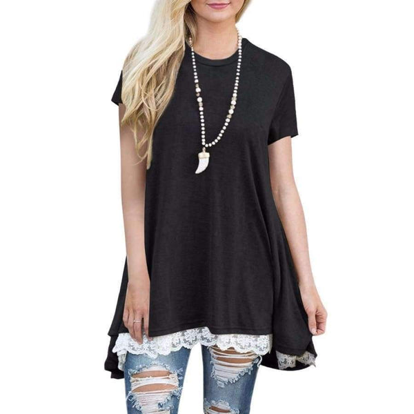 Planet Gates AM135 black / S Summer 2018 Casual Women T-shirt Short Sleeve O-neck Long Shirt Plus Size Women Clothing Hem Splice Lace Women Tops