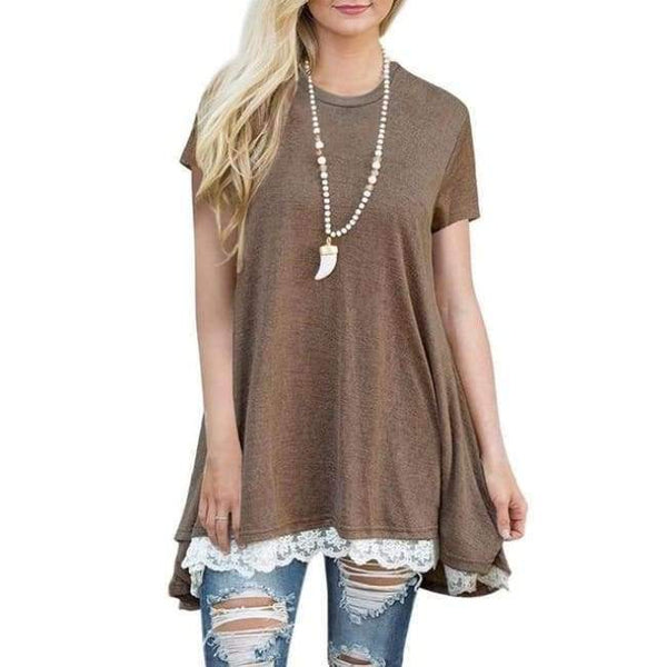 Planet Gates AM135 coffee / S Summer 2018 Casual Women T-shirt Short Sleeve O-neck Long Shirt Plus Size Women Clothing Hem Splice Lace Women Tops