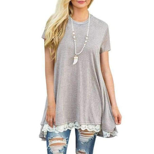 Planet Gates AM135 light gray / S Summer 2018 Casual Women T-shirt Short Sleeve O-neck Long Shirt Plus Size Women Clothing Hem Splice Lace Women Tops