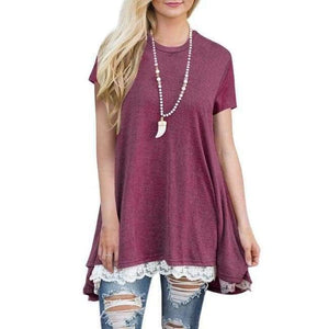 Planet Gates AM135 wine red / S Summer 2018 Casual Women T-shirt Short Sleeve O-neck Long Shirt Plus Size Women Clothing Hem Splice Lace Women Tops