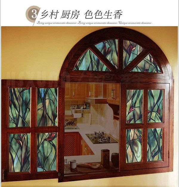 Planet Gates American Green leafy Flower window film stained glass stickers Self Adhesive Film Static Cling Window Sticker For Bathroom 100cm