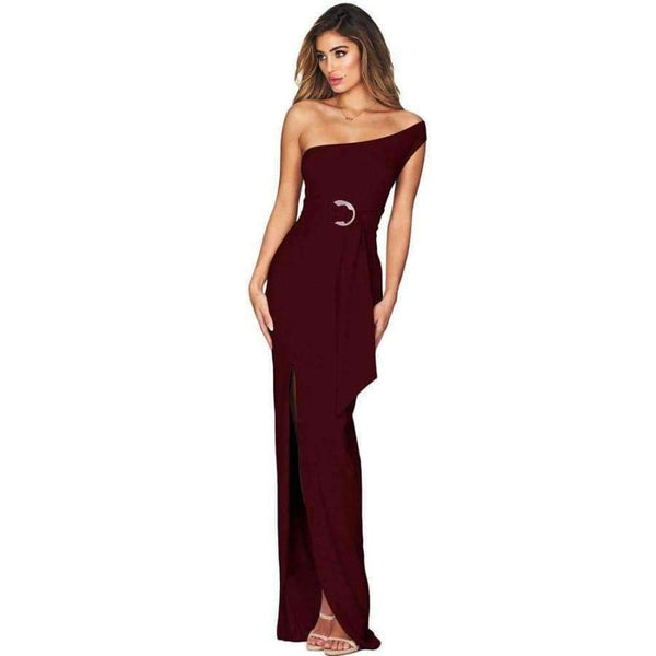 Planet Gates An elegant dress in solid color with a high-waisted, slanted neckline and a long, slit dress