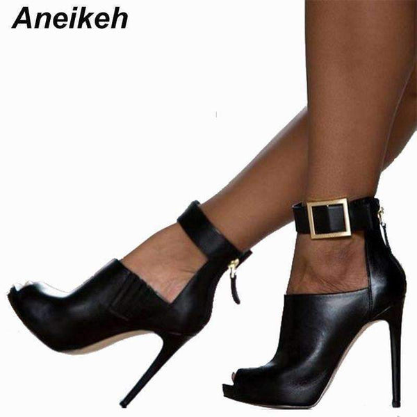 Planet Gates Aneikeh Gladiator Women Pumps Ladies Sexy Buckle Strap Roman High Heels Open Toe Sandals Party Wedding Shoes Size 35-40 Black