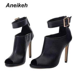 Planet Gates Aneikeh Gladiator Women Pumps Ladies Sexy Buckle Strap Roman High Heels Open Toe Sandals Party Wedding Shoes Size 35-40 Black