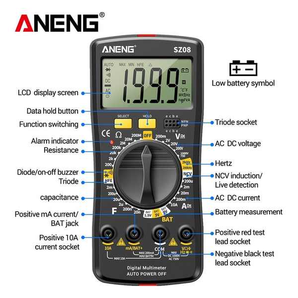 Planet Gates ANENG SZ08 Digital Multimeter Ultra-thin storage Professional Multimetro Auto Voltmeter AC DC 220V Resistance Handhold Testers