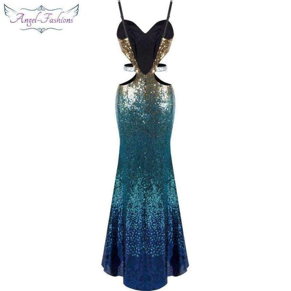 Planet Gates Angel-fashions Sequined Gradient Sash Hollow Out Celebrity Dress Long Evening Dresses Blue 360 382