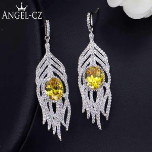 Planet Gates ANGELCZ Trendy CZ Feather Drop Dangle Pave Round Yellow Stone Crystal Bohemian Long Tassel Earrings With 925 Silver Pins AE214