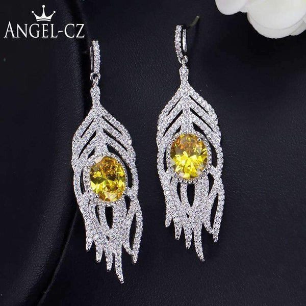 Planet Gates ANGELCZ Trendy CZ Feather Drop Dangle Pave Round Yellow Stone Crystal Bohemian Long Tassel Earrings With 925 Silver Pins AE214